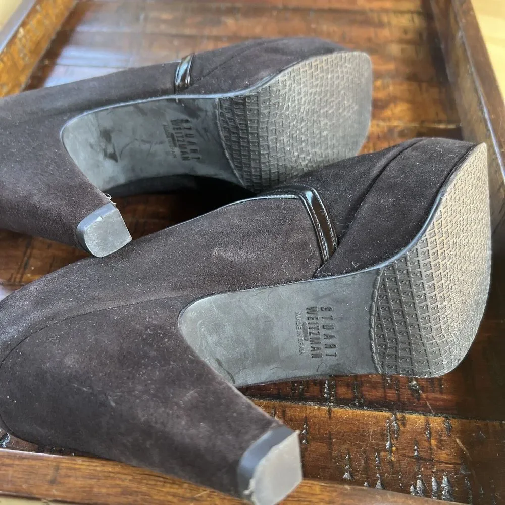 Stuart Weitzman Womens Suede Slip On Platform Closed Toe High Heels Brown Size 7